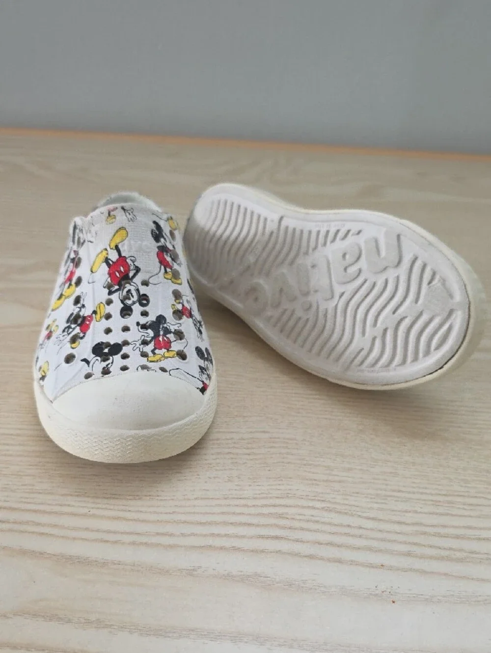 Native Shoes Kids White Slip-On Sneakers with Red & Yellow Mickey Print